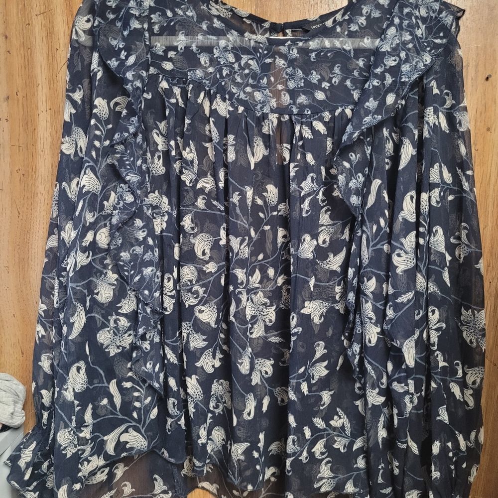 Navy Sheer Ruffle Long Sleeve Top